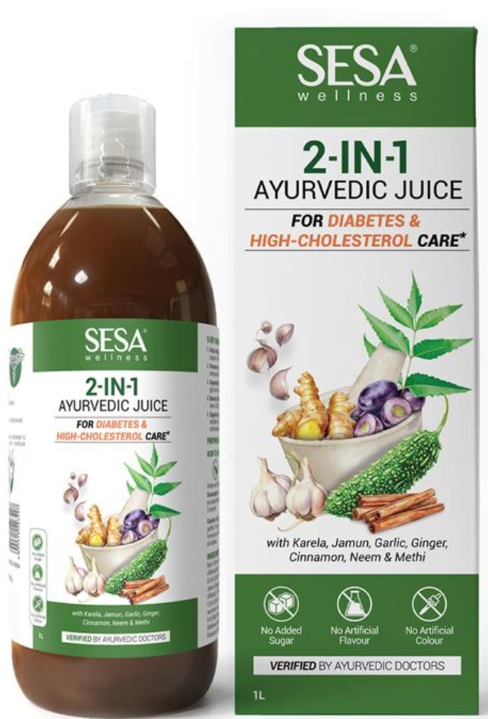 Sesa 2-in-1 Ayurvedic Juice – 1L | Supports Healthy Cholesterol & Blood Sugar Levels | With Karela, Jamun, Garlic & Cinnamon | No Added Sugar
