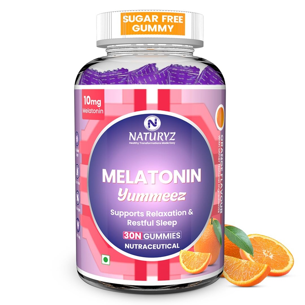 NATURYZ Yummeez Melatonin 10mg Gummies for Sleep - Non-Addictive | No Added Sugar | Valerian Root, Chamomile | Enhance Sleep Quality for Restful Nights, Wake Up Fresh & Energetic - 30 gummies(Orange Flavour)