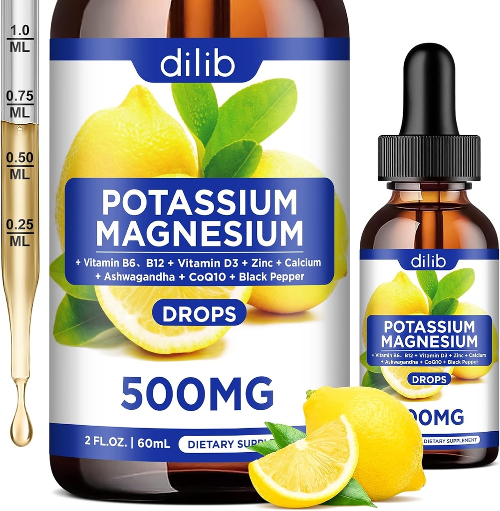 Kalium Magnesium Citrat-Ergänzung, flüssiges Magnesium Citrat Tropfen 500mg mit Ashwagandha, Calcium, Zink, Vitamin D3, B6, B12, CoQ10 - Vegan 2 oz Lemon Flavor