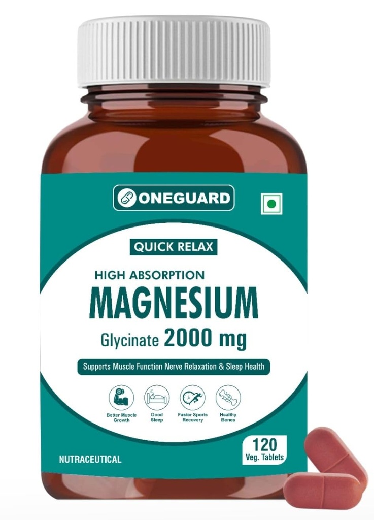 Magnesium Glycinate Supplement 120 Veg Tablets, 2000mg Per Serving, High Absorption Chelated Form, helpful in Muscle & Nerve Relaxation, Better Sleep Quality for Men & Women