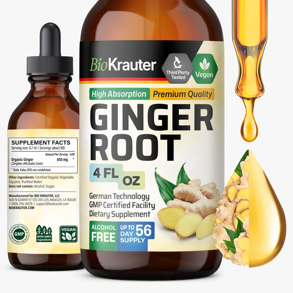 Extrait de racine de gingembre BIO KRAUTER - Suppléments naturels de gingembre pour le bien-être général - Sans alcool et sans sucre - gouttes de végétalien 4 Fl.Oz.
