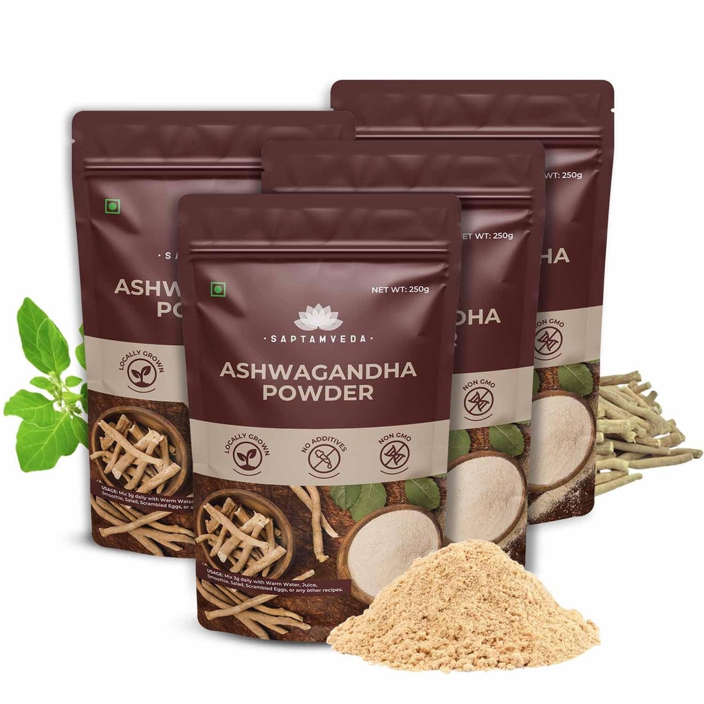 SAPTAMVEDA Premium Organic Ashwagandha Powder 250gm (Pack of 4) - 1KG | Withania Somnifera | For Men And Women