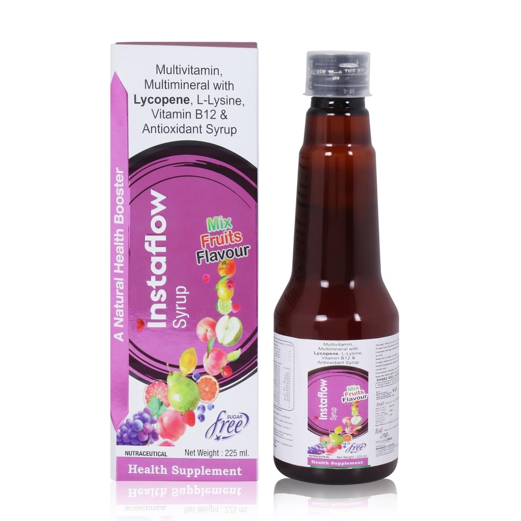 Instaflow Multivitamin Syrup (225 ml) & Liqui Caps (15) Combo | Vitamin B12, Lycopene & L-Lysine | Omega 3-6-9, D3, Calcium, Iron & Amino Acids | Energy & Immunity for Men & Women
