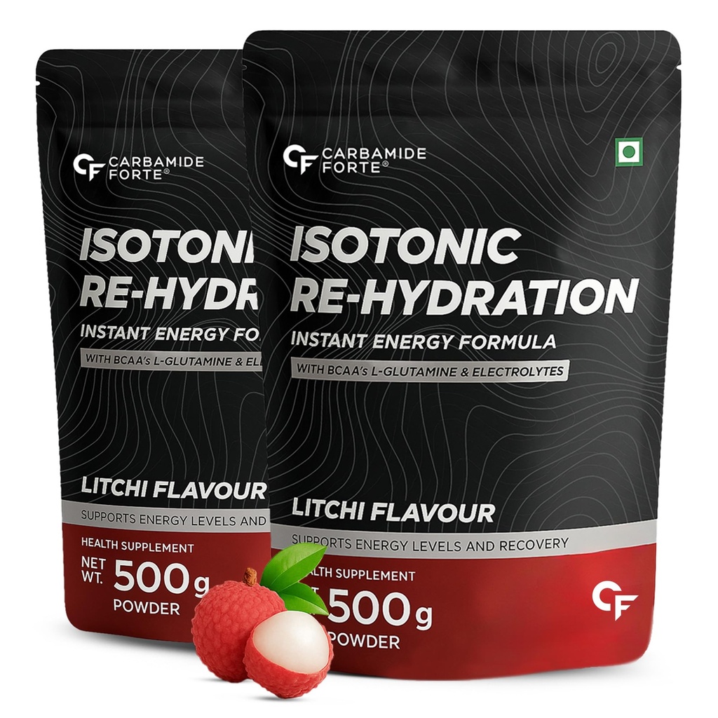 Carbamide Forte Isotonic Powder | Pre Workout Supplement For Men And Women| Instant Energy Drink for PreWorkout | Electrolytes Powder with added BCAA & L Glutamine - Litchi Flavour - 500g (Pack of 2)