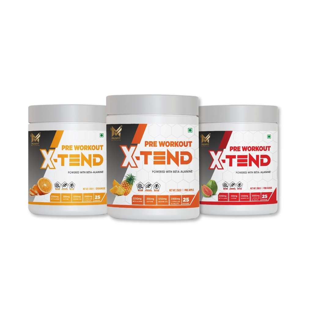 MUSFIT X-Tend Pre Workout | Provide a perfect balance of Endurance, Strength, Focus, Fat Burn and Energy | 250gm (Pack of 3) Combo pack | Flavour (Pineapple + Pink Guava + Orange)