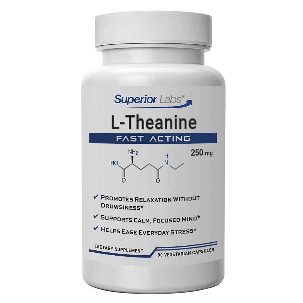 Labs superiori L-teanina 250 mg Capsule, Pure Non OGM Suntheanine, Filler-Free, promuove Rilassamento & Stress Relief, Supporta sonno sano, Focus migliorato e attenzione, Alta assorbimento, 90 tappi di Veg