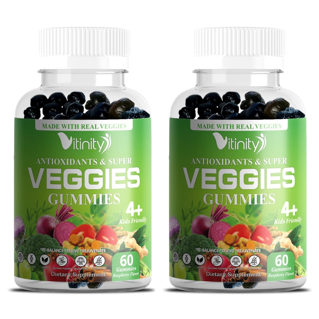 VITINITY Veggies Supplement-Made mit echten Super-Veggies Köstliche Gummis(120 Chews),30 Veggies,Herbs,Fruit und Gemüse-Ergänzung,Non-GMO,Pectin-Based,Gluten-Free,No More Pills (60 Day)