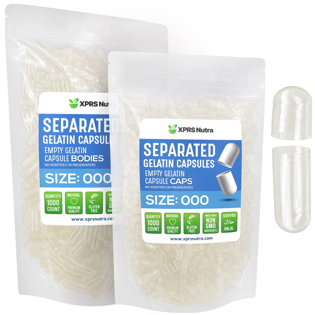 XPRS Nutra Capsule separate Dimensioni 000-1000 Contatore Cancella Grandi Capsule Gelatini Vuoti Separati in Borse - Premium Clear Empty 000 Pillole per Riempimento Integratore fai da te