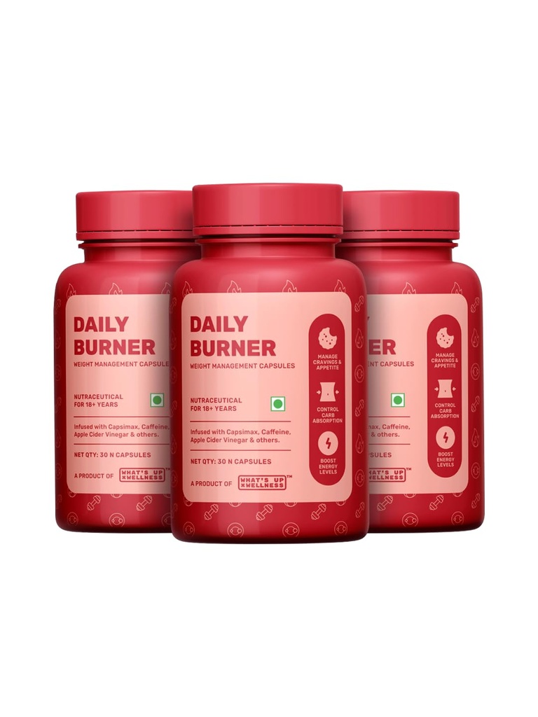 What's Up Wellness Daily Burner Capsules | Weight Loss Supplement For Women & Men | Helps Manage Cravings, Calories & Carbs | Boost Metabolism | L Carnitine & ACV - Apple Cider Vinegar | 90 Capsules
