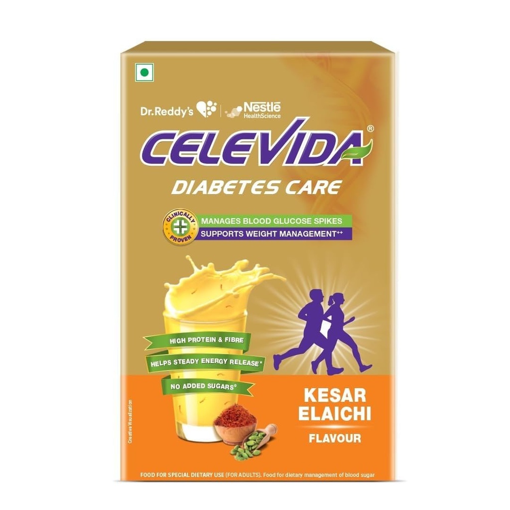Celevida Diabetes Nutrition I Clinically proven I Helps in 24-Hr Sugar Control I Kesar Elaichi Flavor 400g Powder I Plant based protein & Dual blend high fiber I No Added sugar I By Dr. Reddy’s Nestle Health Science I Tin pack
