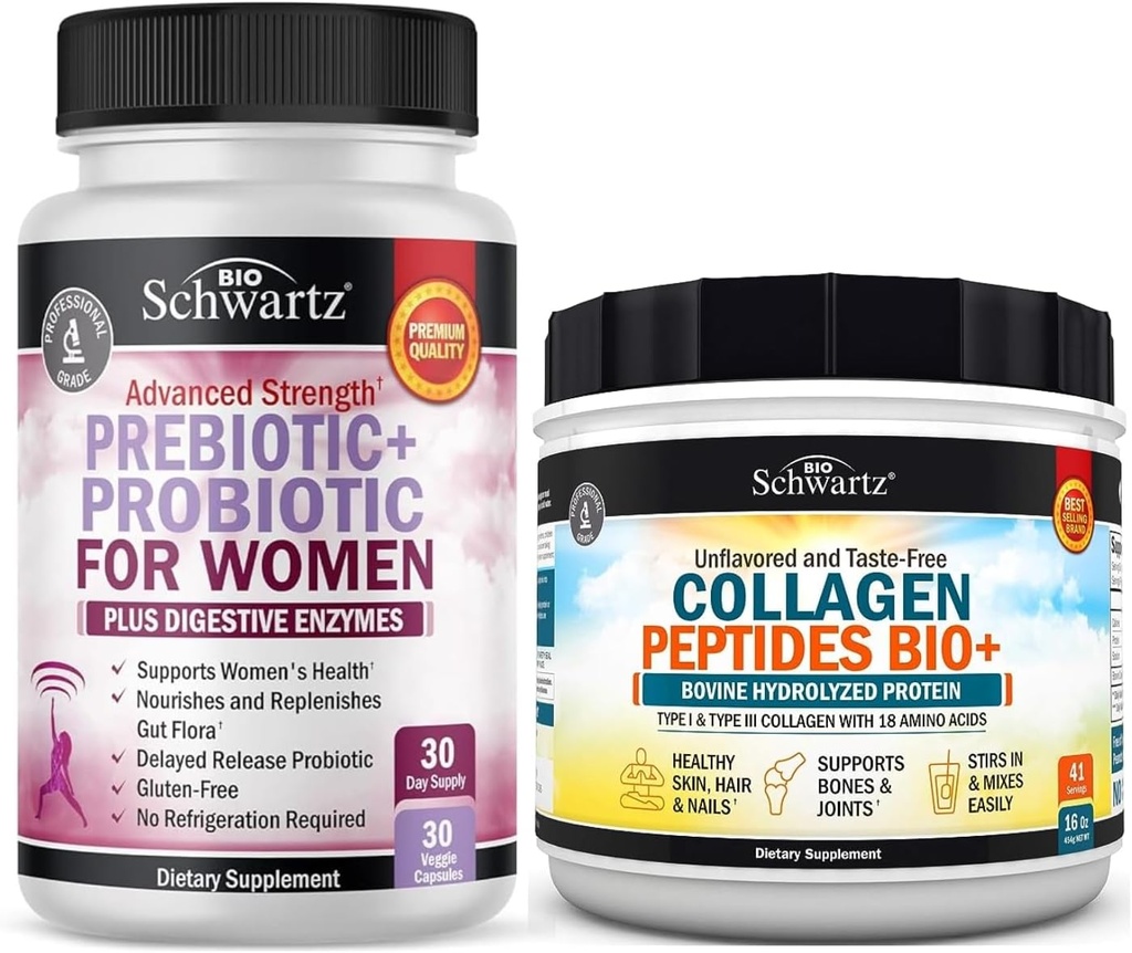 BioSchwartz Hydrolyzed Collagen Peptides Powder (40+ Servings) Plus Prebiotics and Probiotics with Digestive Enzymes for Women (1 Month Supply)