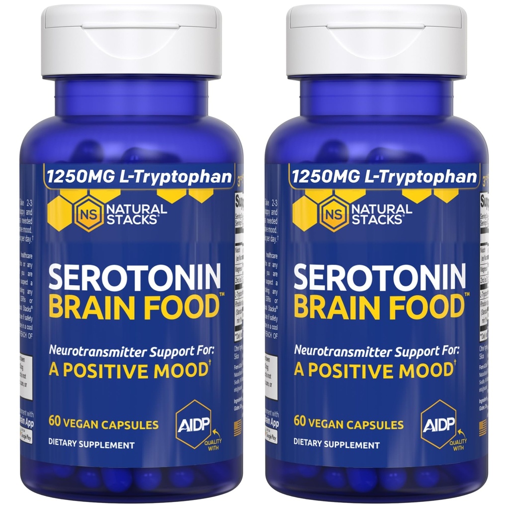 Serotonin Brain Food - 1250mg L-Tryptophan & 400mg Rhodiola Rosea Supplement - Mood Support Supplement für Stress Relief - Neurotransmitter Unterstützung mit Magnesium Glycinat & Zink - 120 Kapseln