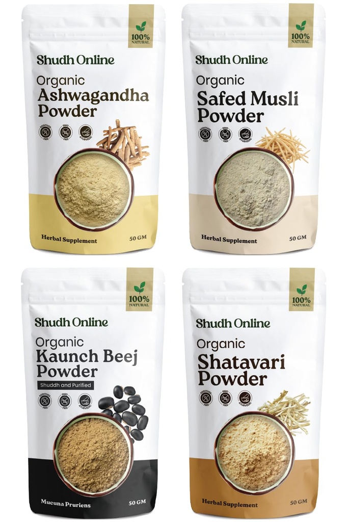 Shudh Online Safed Musli, Ashwagandha, Kaunch, Shatavari Powder Combo (Pack of 100 gram x 4 combo)