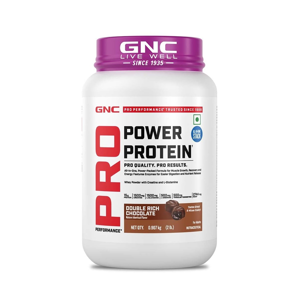 GNC Pro Performance Power Protein | 2 lbs/907 Grams | 6 In One Stack | 1500 Mg Creatine| Zero Added Sugar| 2744 MG BCAA | Informed Choice Certified | 30g Protein | 2.2g L-Glutamine | Energy Features Enzymes For Better Digestion | Double Rich Chocolate| Formulated In USA