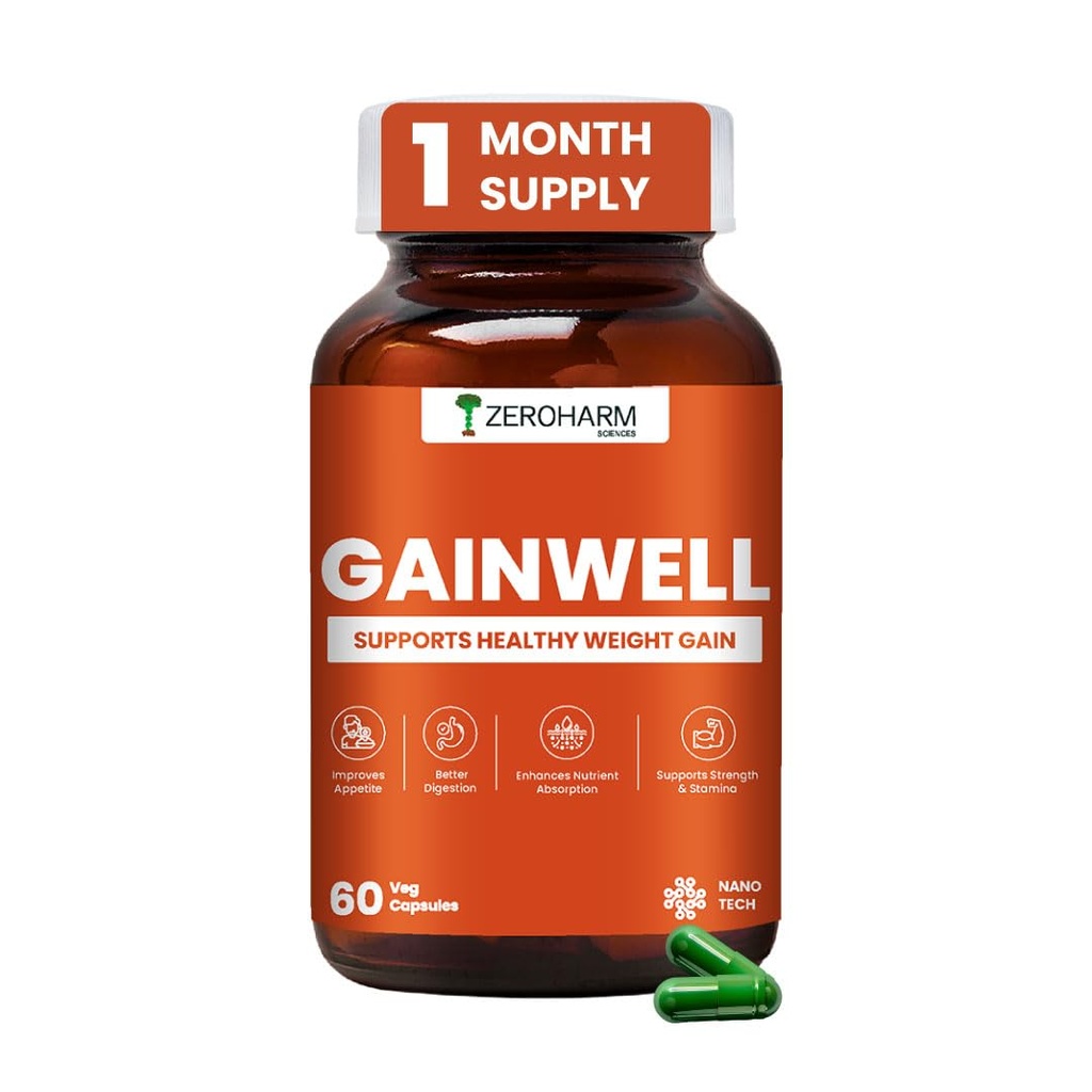 ZeroHarm GainWell Capsules | Ayurvedic Weight Gainer Supplement | Kaunch Beej, Kulanjan, Shatavari, Ashwagandha & Vidarikand | Improves Digestion, Appetite & Nutrient Absorption | 60 Capsules