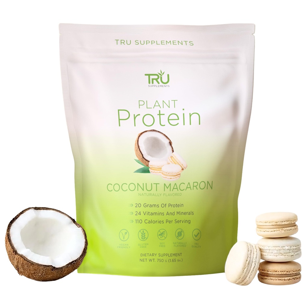 TRU-Ergänzungen Pflanzenbasiertes Proteinpulver, BCAA, EAA, 20g Vegan Brown Rice & Pea Protein, 100 Kalorien, 27 Vitamine, keine künstlichen Aromen 25 Servierungen (Coconut Macaron)