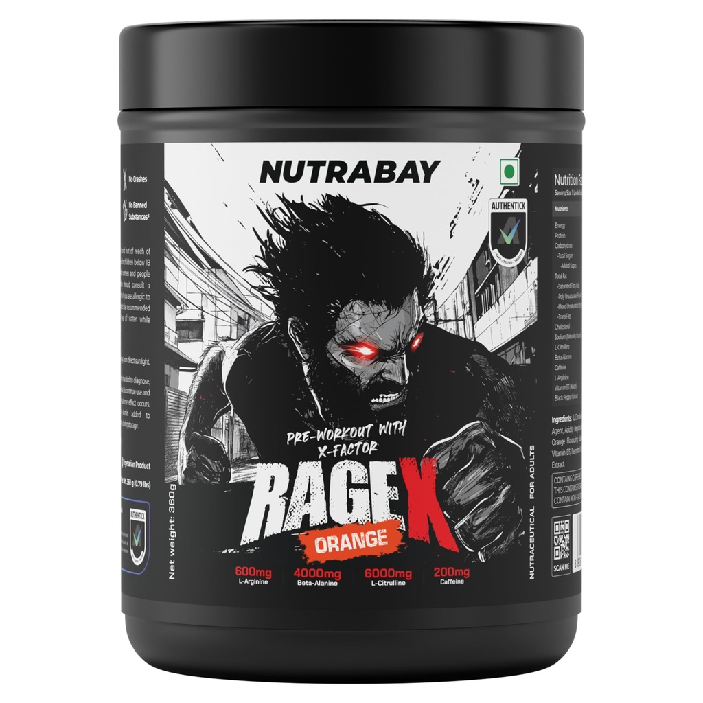 Nutrabay RageX Pre Workout Supplement Powder - 360g, Orange | 200mg Caffeine, 4g Beta Alanine, 6g L-Citrulline, 600mg L-Arginine, & Black Pepper | Muscle Pump & Performance