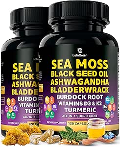 Sea Moss Capsule – 17-in-1 Blend con olio di semi neri Ashwagandha Bladderwrack Burdock Root Turmeric Vitamin D3 K2 C per il benessere quotidiano – Supplemento multiminerale per uomini e donne – 240 Conte