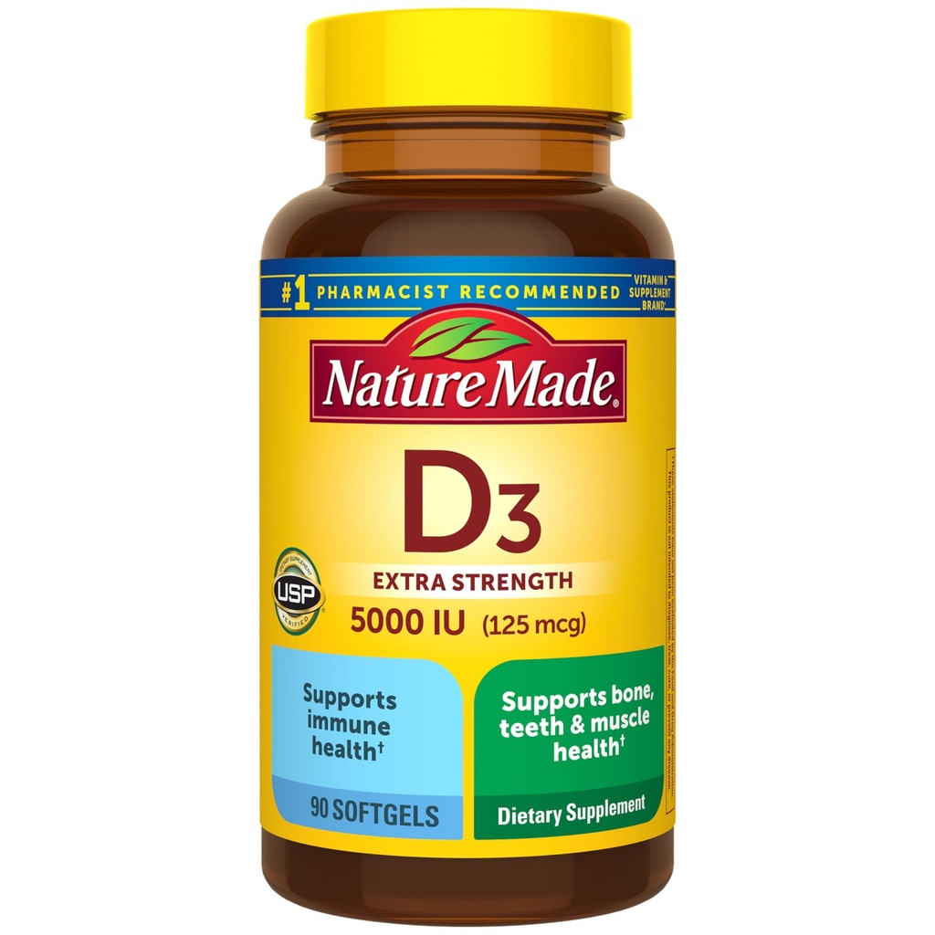 Nature Made Vitamin D3 5000 IU (125 mcg) Softgele, extra Strength Vitamin D Nahrungsergänzung für Knochen und Immungesundheit, 90 Softgel, 90 Tage Versorgung