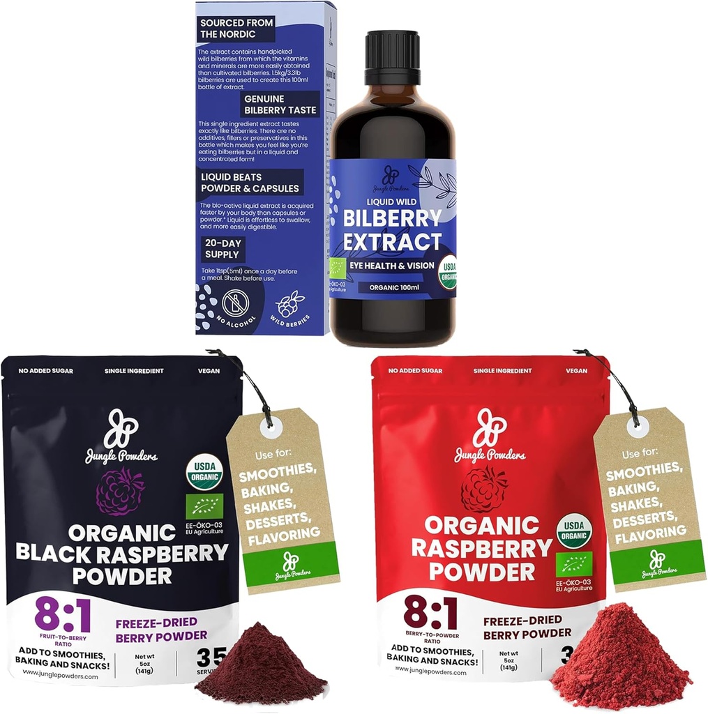 Estratto di mirtillo selvatico per gli occhi USDA Organic 3.4oz Bottiglia, Polvere di lampone rosso nero Bundle 5 Ounce Bag, congelare lamponi asciugati per cuocere Smoothies frutta disidratata