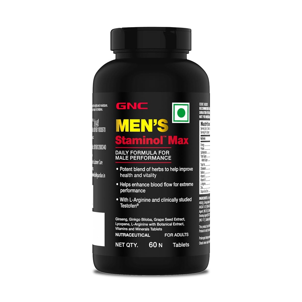 GNC Staminol Max for Men | 60 Veg Tablets | Blend of 8 Superherb | Increases Blood Flow | Maximizes Strength & Stamina | Supports Men's Health