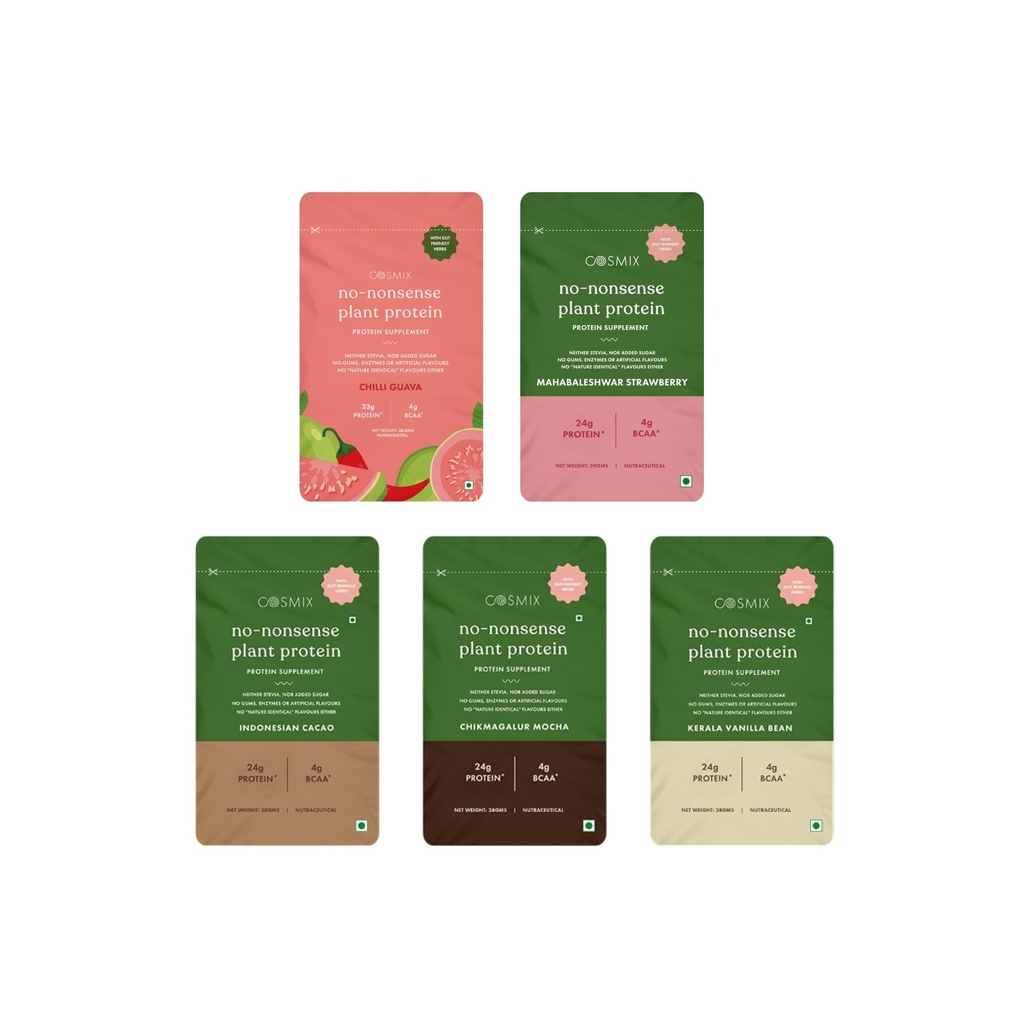 Cosmix No-Nonsense Plant Protein | 24g Protein/Serve | Assorted Sachets | Pea & Rice Isolate | Plant Based Protein | Easy To Digest | All Essential Amino Acids - 38g