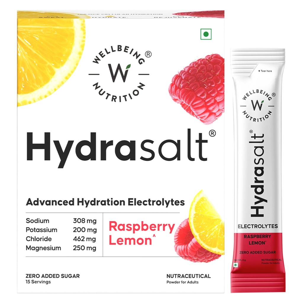 Wellbeing Nutrition HydraSalt Electrolyte Drink with Zero Added Sugar | 5 Electrolytes & 3 Vitamins for Instant Hydration, Energy, Performance & Recovery, Raspberry Lemon Flavor 90g, Pack of 15