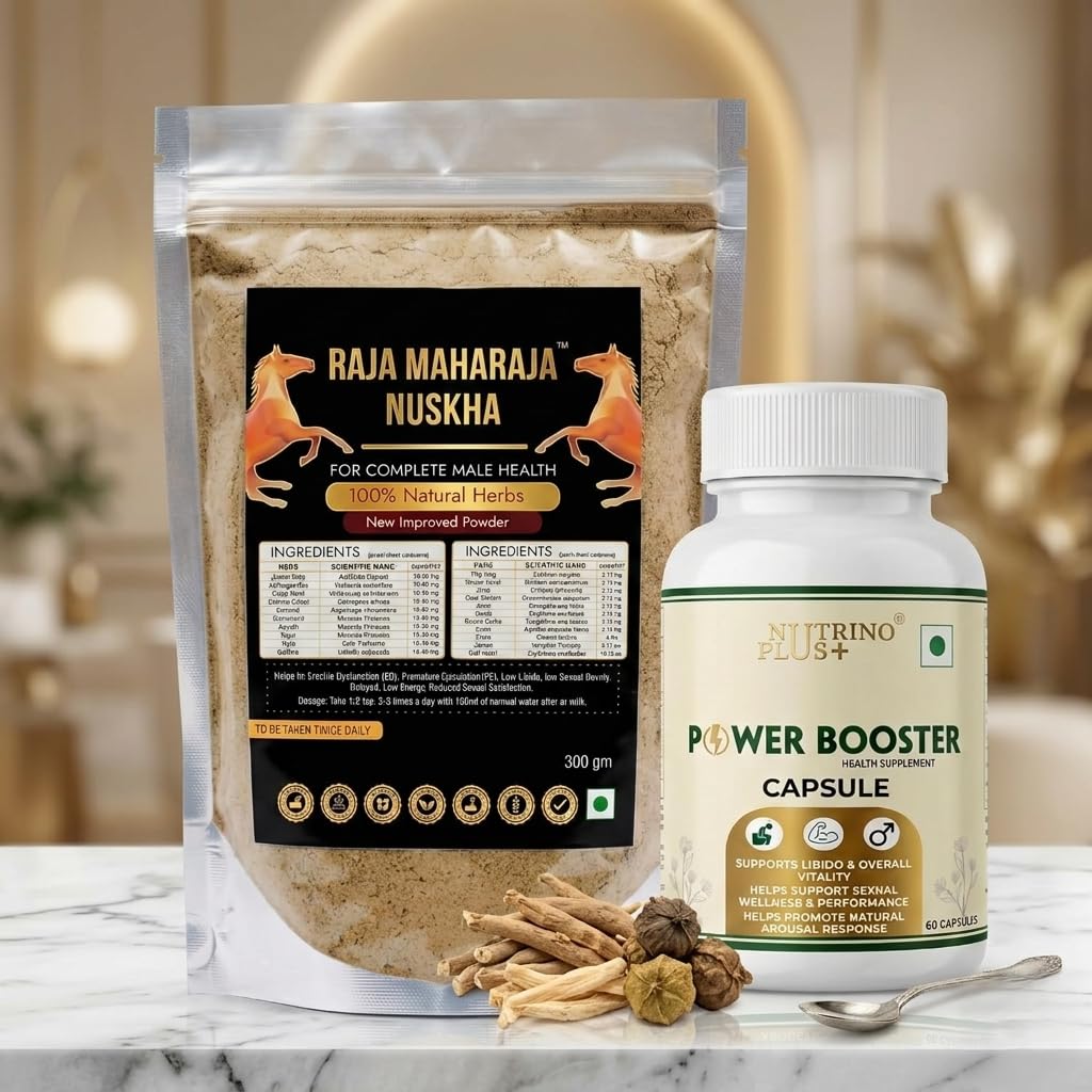 Raja Maharaja Nuskha Men’s Vitality & Energy Support Combo | Herbal Wellness Powder 300g + Power Booster Capsules 60 Count | Stamina, Strength & Daily Wellness Supplement