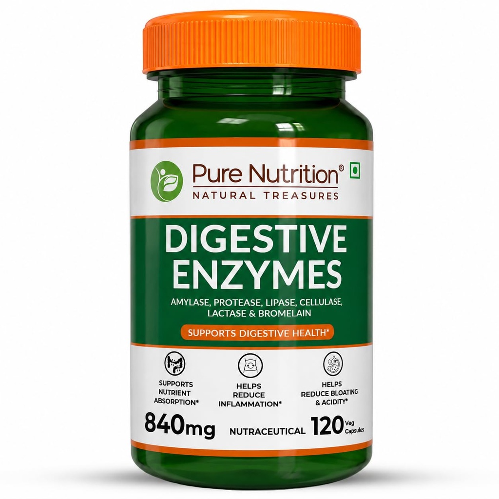 Pure Nutrition Digestive Enzymes 840mg with Bromelain - 120 Veg Capsules | Supports Digestion, Nutrient Absorption & Gut Health | Blend of Amylase, Lipase, Protease, Cellulase | Eases Gas & Bloating