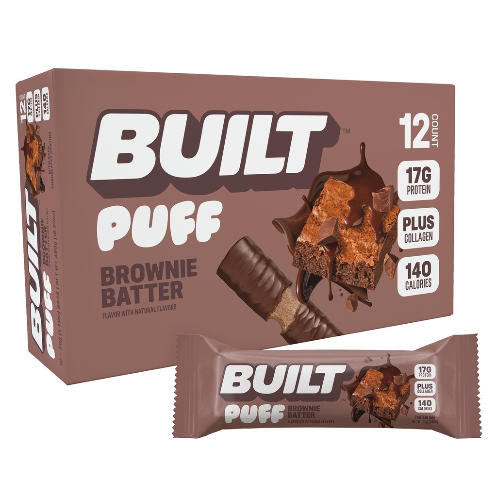 Erbaute Bar, Puff Protein Bars, Brownie Batter Puff, 17g Protein Snacks, On-The-Go Bars, Nur 140 Kalorien, 6g Zucker, Kollagen, Glutenfrei, 12 Zähler
