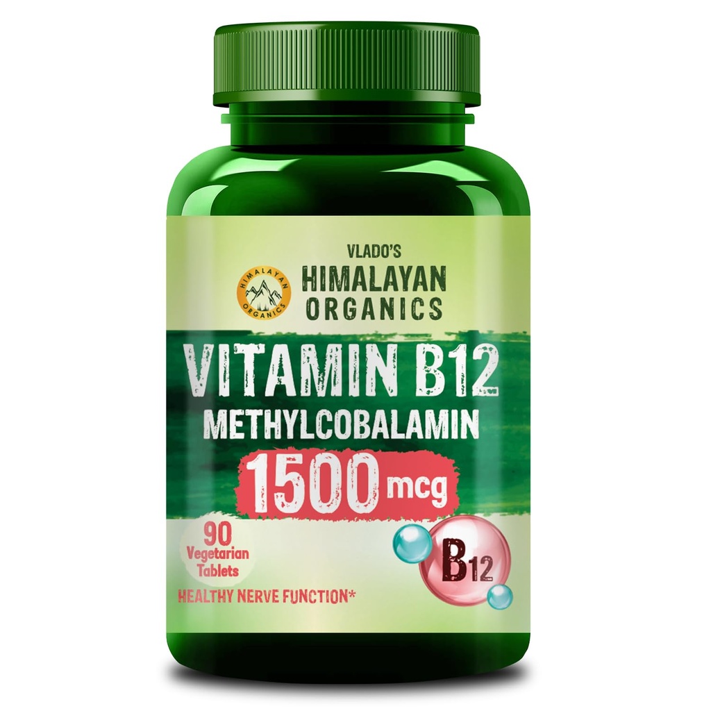 Vlado's Himalayan Organics Methylcobalamin Vitamin B12 1500mcg Supplement for Men & Women - 90 Veg Tablets