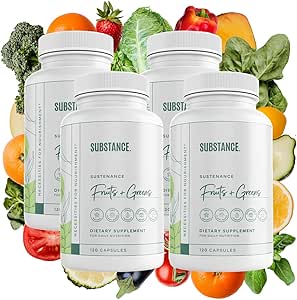 SUBSTANCE. 4-Pck Natur's Sustenance Daily Greens, Daily Fruit and Veggies Supplement - Enhance Energy, Mental Clarity - Obst und Gemüse Beilagen - US Made, Vegan-Friendly - 120 Servietten.
