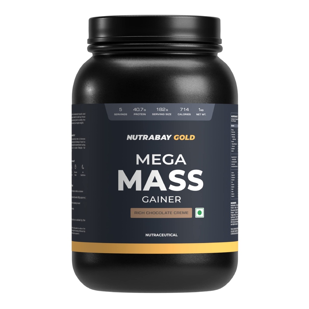 Nutrabay Gold Mega Mass Gainer Powder - 1kg, Rich Chocolate Creme | 100% Veg | 40.7g Protein, 122g Carbs, 714 Calories | Muscle Building & Weight Gainer Supplement for Men & Women