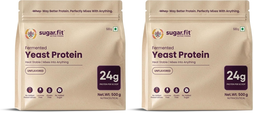 Sugar.fit | Active Foods Fermented Yeast Protein Powder, Unflavored, 24g Protein per Scoop, Heat Stable, Gluten Free, Lactose Free, No Added Sugar, Vegan, 500g (Pack of 2)