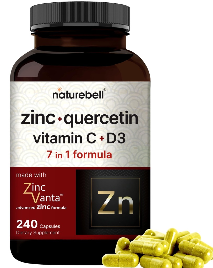 NatureBell Zink Quercetin mit Vitamin C & D3, 240 Kapseln | Quercetin 1.000mg + Zink 50mg + Vitamin C 250mg + Vitamin D3 5.000 IE | 4-in-1 Advanced Immune & Lung Support | ZinkVanta Formula