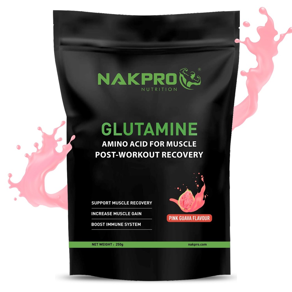 Nakpro L-Glutamine Powder | 4g Glutamine Per Serving, 50 Servings | Post Workout Amino Acid Supplement for Muscle Growth and Recovery (Pink Guava, 250g)
