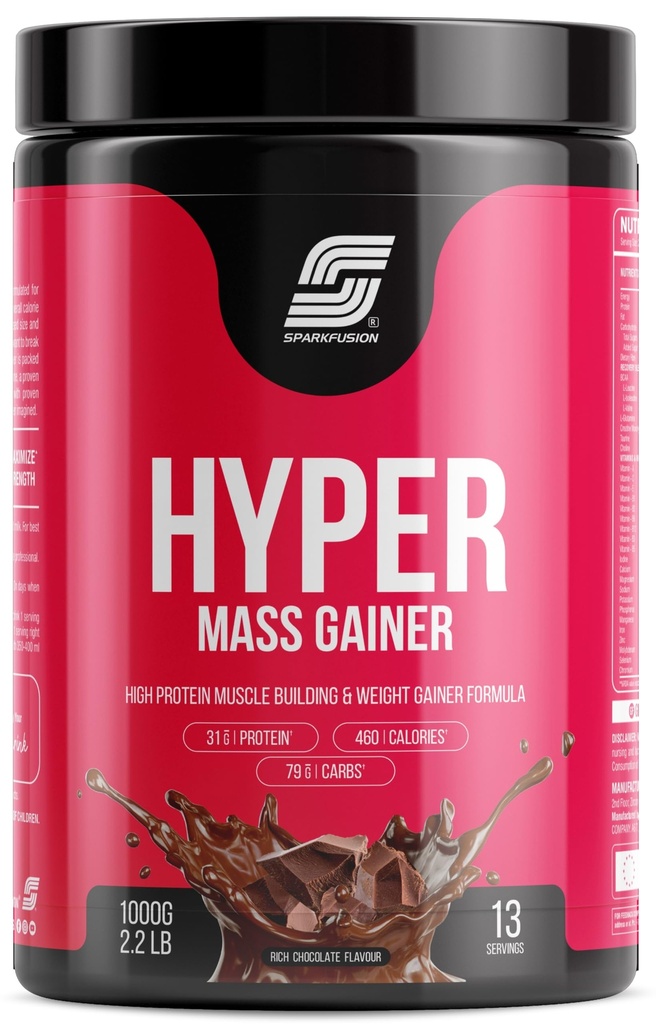 Sparkfusion Hyper Mass Gainer High Protein Muscle Building & Weight Gainer Formula | 16.8g Protein,58.80g Carbs,306 Calories With Milk for Muscle Support & Muscle Mass Gain | 1000 Gm | Chocolate Flavour