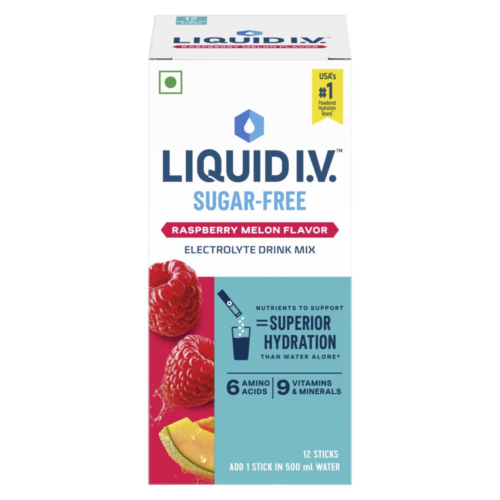 Liquid I.V. Sugar Free - Raspberry Melon | 12 Sticks = 6L Water | Hydration Drink Mix Powder 10g |Sodium, Potassium & Magnesium Hydration Drink|No Sugar