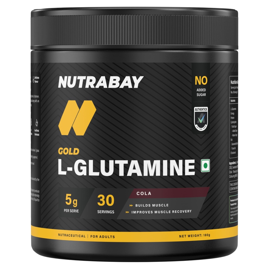 Nutrabay Gold L-Glutamine Supplement Powder 180g, Cola Flavor – Post Workout Amino Acid for Muscle Growth & Recovery | 100% Authentic Supplement | No Banned Substances | Tested for Purity