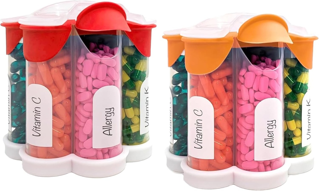 Extra Large Pill Organizer Daily, Weekly, Mensile Supplemento Bottiglia, Grazioso Blossom Pill Dispenser con 7 XL Confronti (2 Pack Combo) (Orange and Red)