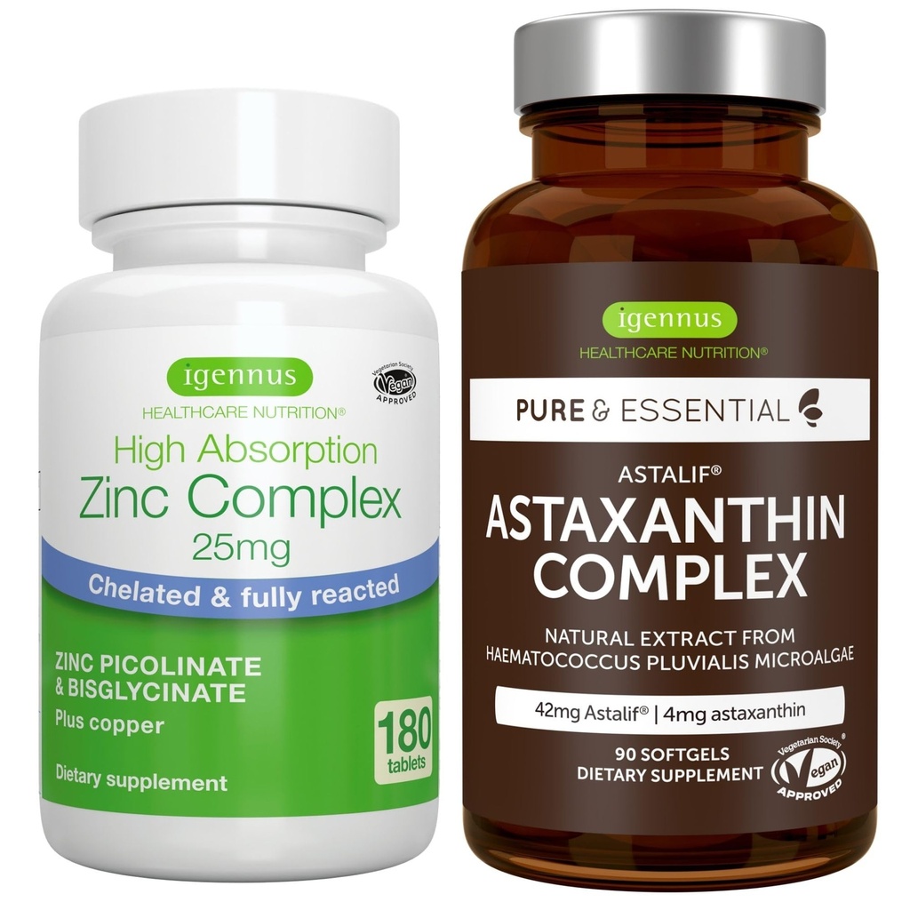Astaxanthin Complex + Zink Complex Vegan Bundle, Antioxidans Unterstützung für Haut, Haar & Nägel, von Igennus