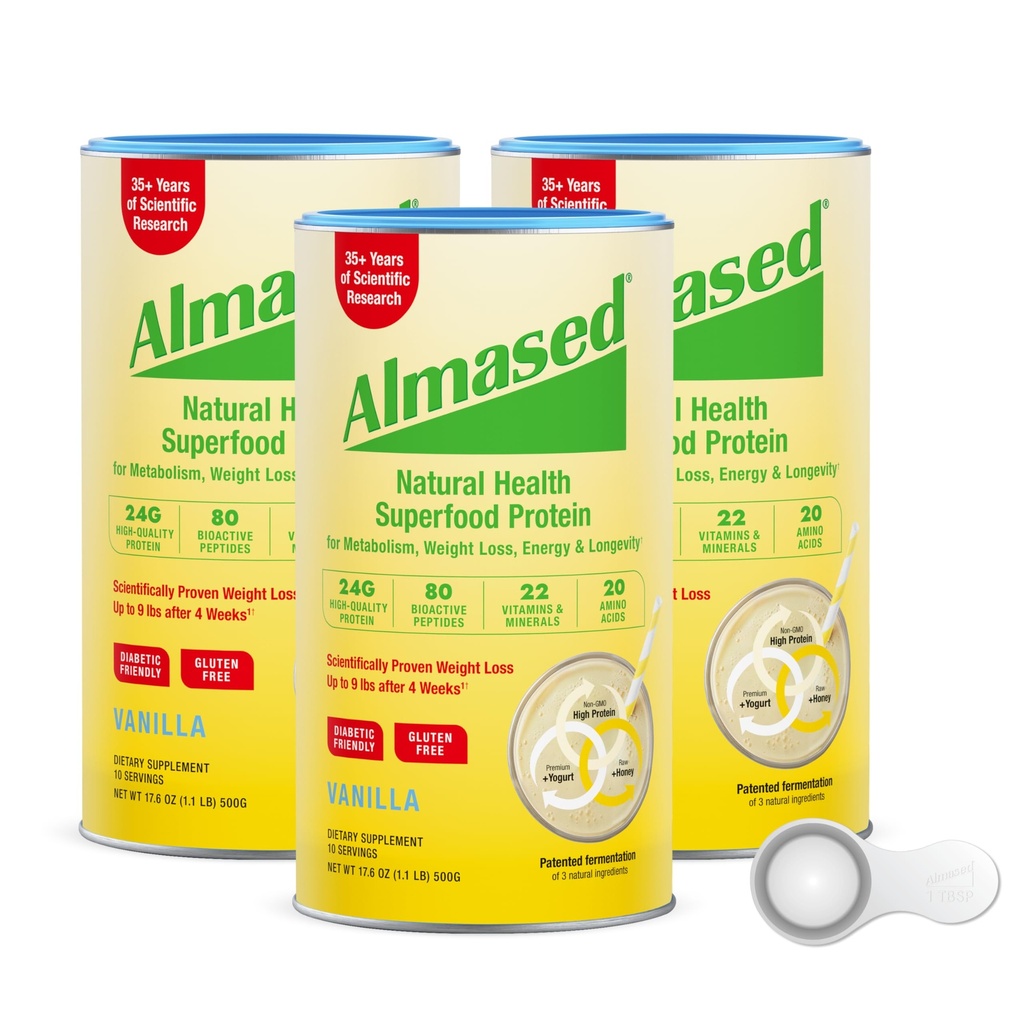 Almased Protein Powder for Weight Loss Kit pour hommes et femmes, substitut de repas naturel Shake for Weight Loss, supplément, 24 grammes de protéines par portion (Amande Vanilla Flavor, 3 Canettes @ 17,6 oz ea + Scoop)