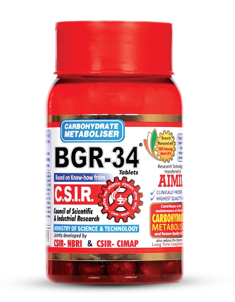 AIMIL BGR-34 Herbal Tablets for Blood Sugar Management | Natural Carbohydrate Metabolizer Developed by CSIR | Ayurvedic Supplement for Glucose Control with Gudmar & Vijaysar | 100 Tablets (Pack of 1)