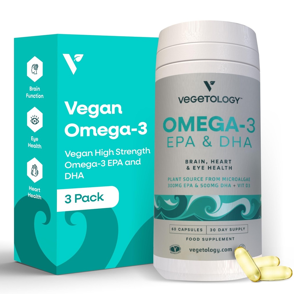 Supplément Vegan Omega 3 – EPA, Suppléments DHA et Vitamine D3 – Algae Omega 3 Supplément Vegan pour la santé du cerveau, des yeux et du cœur – pour les enfants et les adultes (180 capsules)
