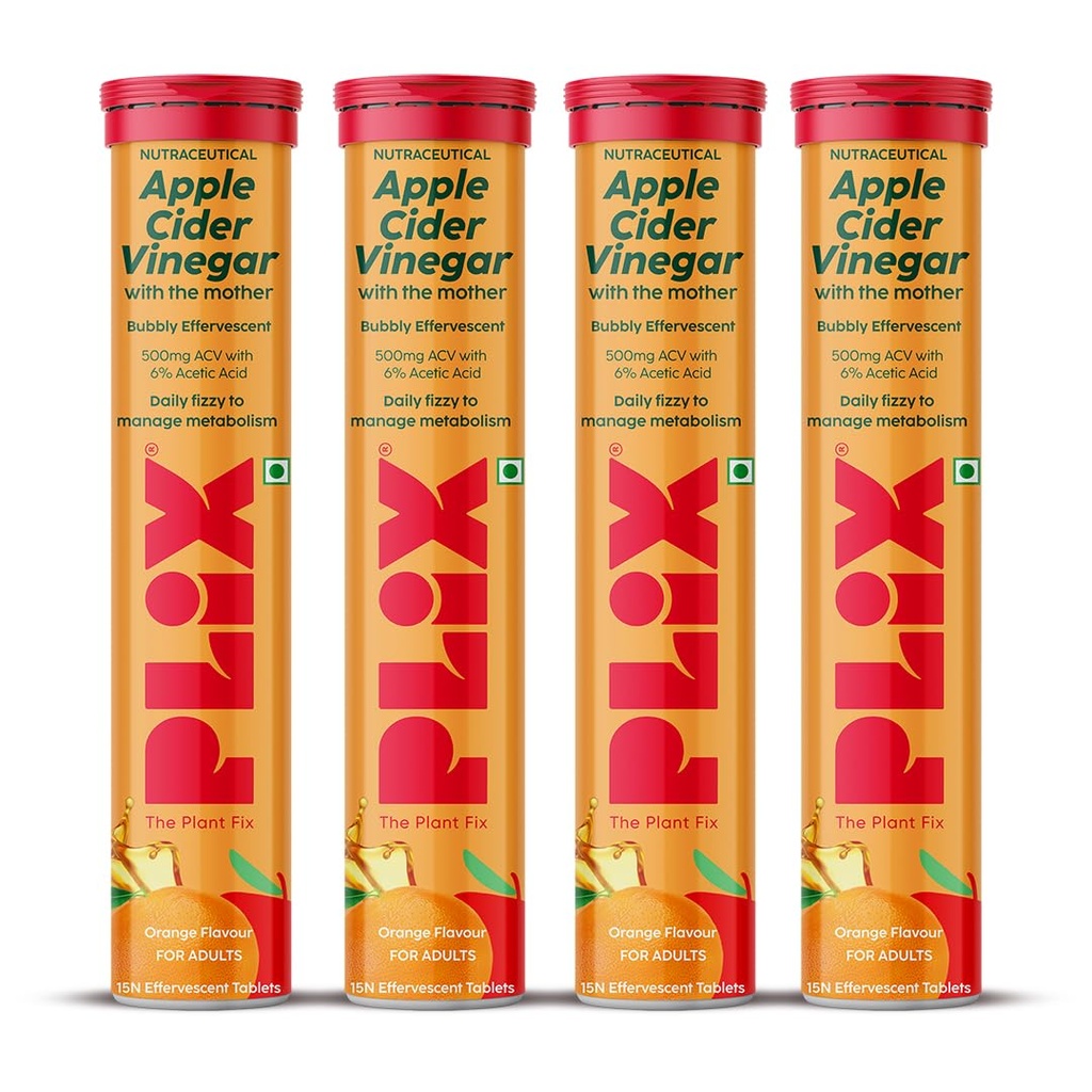 The Plant Fix Plix Apple Cider Vinegar Effervescent Tablet With Mother|Supports Metabolism & Appetite Control I With 500Mg Acv, Vit B6 & B12 I No Maltodextrin, No Added Sugar I Pack Of 4 (60 Tablets)