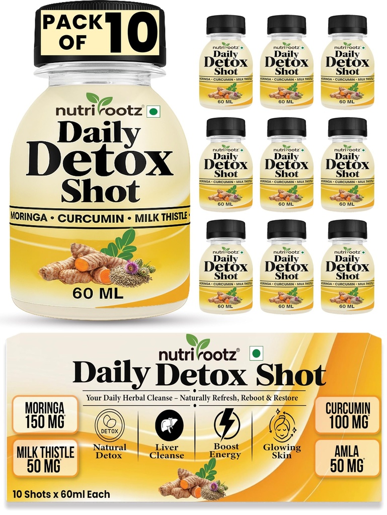 DAILY DETOX SHOT 60ML (Pack of 10) | Liver Detox Drink with Milk Thistle, Moringa, Curcumin & Bhui Amla | Ayurvedic Cleanse for Gut | Liver Care Juice | Gut Cleanse | Improves Probiotic Activity, Gut Health & Digestion | Herbal Detox Drink