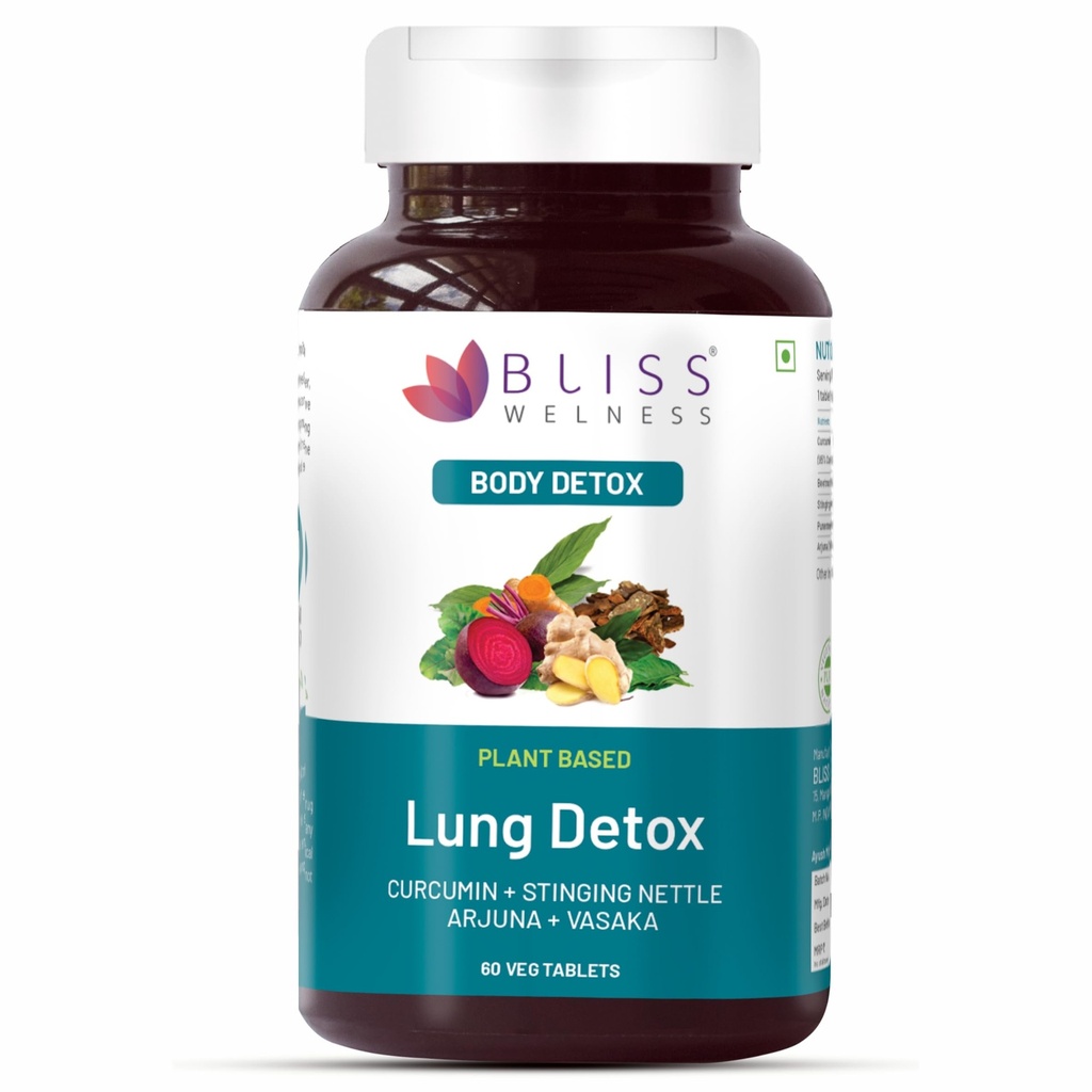 Bliss Welness Lung Detox,Curcumin Stinging Nettle Arjuna Vasaka Beetroot Punerneva Trikatu Kateri Echinecea Piperine (1 Month Pack (60 Tablets))