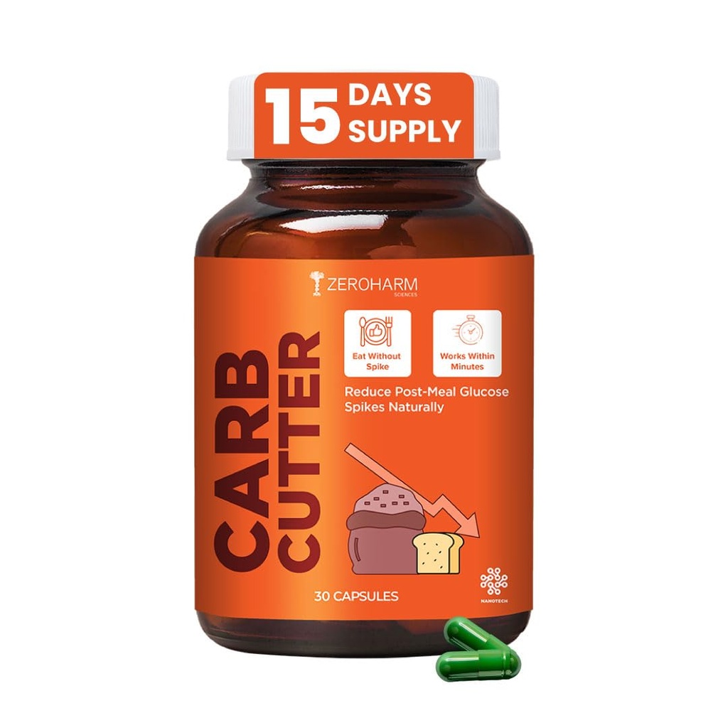 ZEROHARM Carb Cutter With Mulberry Leaf Extract, Berberine, Fenugreek, Lemon & Cinnamon for Post-Meal Glucose & Metabolism Support - Plant-based Support for Men,Women - 30 Capsules
