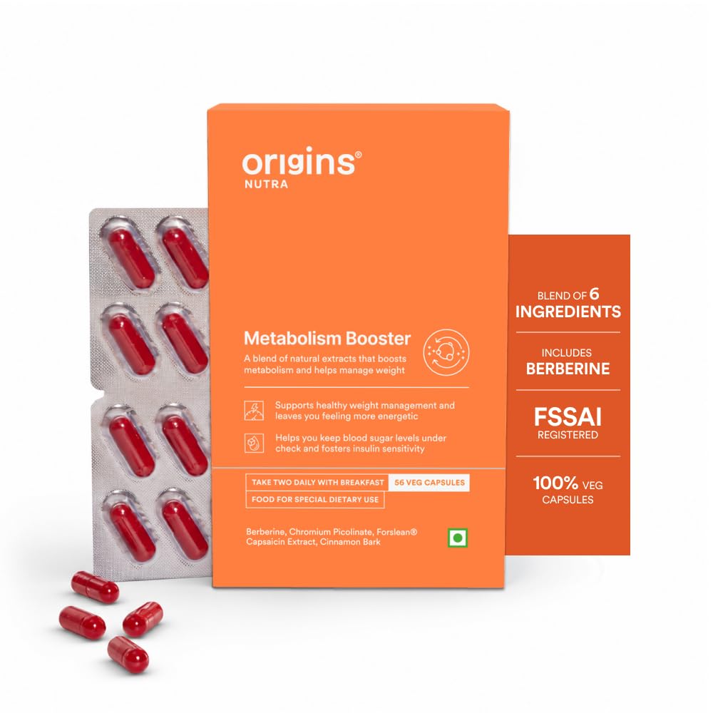 Origins Nutra Metabolism Booster | Berberine + 5 Active Ingredients | Helps Manage Inflammation & Boost Energy | 56 Veg Capsules | GMP Certified | Pack of 1