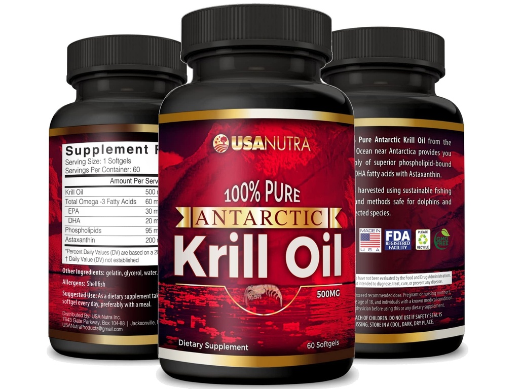 Huile de krill antarctique Softgels 100% Pure avec Omega-3 EPA DHA Astaxanthin 1000mg par jour (2 Softgels). Fabriqué aux États-Unis